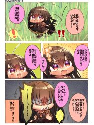 Rule 34 | !, !!, ..., 1girl, antennae, blush, brown eyes, brown hair, chibi, clenched hands, clenched teeth, comic, commentary request, cricket girl, fang, fangs, gradient eyes, grass, harumina mau, highres, long hair, mini person, minigirl, multicolored eyes, open mouth, original, personification, skin fangs, smile, speech bubble, spoken ellipsis, spoken exclamation mark, teeth, translation request, twitter username, v-shaped eyebrows, very long hair