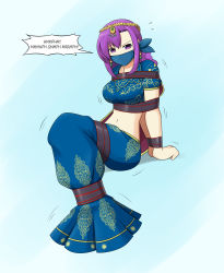 Rule 34 | 1girl, absurdres, breasts, cloth gag, crop top, earrings, fate/grand order, fate (series), gag, gagged, highres, improvised gag, indian clothes, jewelry, large breasts, long hair, matou sakura, midriff, navel, over the mouth gag, parvati (fate), purple eyes, purple hair, solo