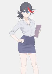 Rule 34 | 1girl, absurdres, alternate costume, black hair, blue eyes, blue skirt, buttons, carlo montie, collared shirt, grey background, hand on own hip, highres, holding, holding notebook, kill la kill, lipstick, looking at viewer, makeup, matoi ryuuko, multicolored hair, notebook, office lady, pencil skirt, red hair, shirt, shirt tucked in, short hair, simple background, skirt, solo, streaked hair, white background, white shirt