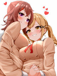 Rule 34 | 2girls, :q, asymmetrical docking, bang dream!, blonde hair, blush, breast press, breasts, brown hair, brown shirt, buttons, closed mouth, commentary request, cone hair bun, crossed bangs, double-breasted, from below, grin, hair bun, hair ornament, hairclip, hanasakigawa school uniform, heads together, heart, highres, holding hands, ichigaya arisa, interlocked fingers, large breasts, long hair, long sleeves, looking at viewer, looking back, looking down, medium breasts, medium hair, multiple girls, natsuyoshi (natsun), neck ribbon, parted lips, purple eyes, red ribbon, ribbon, sailor collar, school uniform, serafuku, shirt, simple background, smile, star (symbol), star hair ornament, tongue, tongue out, toyama kasumi, twintails, upper body, white background, white sailor collar, x hair ornament, yellow eyes, yuri