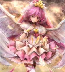 Rule 34 | 10s, 1girl, aino megumi, bad id, bad pixiv id, ballerina, brooch, choker, cure lovely, feathered wings, happinesscharge precure!, heart, heart brooch, highres, jewelry, long hair, magical girl, pantyhose, pink eyes, pink hair, pink skirt, ponytail, precure, skirt, smile, solo, super happiness lovely, takeashiro, tiara, white pantyhose, white wings, wings, wrist cuffs