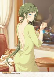 Rule 34 | 1girl, adjusting hair, ass, backless dress, backless outfit, bare back, blue eyes, breasts, closed mouth, cowboy shot, curtains, dated, dress, fingernails, from behind, fuuga (senran kagura), green dress, green hair, hand in own hair, highres, indoors, large breasts, long dress, long hair, long sleeves, looking back, makeup, mascara, mole, mole under eye, night, non-web source, official art, page number, senran kagura, shoulder blades, sidelocks, solo, standing, table, translation request, tying hair, very long hair, window, yaegashi nan