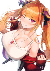 Rule 34 | 1girl, absurdres, ahoge, armpit crease, bare shoulders, black ribbon, black thighhighs, blonde hair, blunt bangs, bow, breasts, bright pupils, camisole, cleavage, collarbone, commentary request, diagonal-striped bow, dragon girl, dragon horns, dragon tail, foot out of frame, frilled camisole, frills, from above, hair intakes, hair ribbon, highres, hololive, horn bow, horn ornament, horns, huge filesize, jacket, jewelry, kamo ashi, kiryu coco, kiryu coco (loungewear), large breasts, light blush, long hair, long sleeves, looking at viewer, looking up, multicolored eyes, multicolored hair, no shoes, off shoulder, official alternate costume, one eye closed, open clothes, open jacket, orange hair, pendant, pointy ears, purple eyes, red eyes, red jacket, ribbon, scales, sidelocks, simple background, sleeves past wrists, slit pupils, smile, solo, spaghetti strap, streaked hair, striped, striped bow, tail, thighhighs, track jacket, twintails, virtual youtuber, white background, white camisole, white pupils
