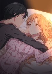 Rule 34 | 10s, 1boy, 1girl, arm support, artist request, asuna (sao), bed, black hair, black shirt, bra strap, braid, hand on another&#039;s face, holding another&#039;s wrist, kirito, long hair, looking at another, lying, off shoulder, pink sweater, ribbed sweater, shirt, short hair, smile, sweater, sword art online, sword art online the movie: ordinal scale