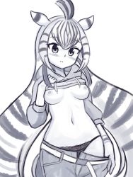 Rule 34 | 1girl, absurdres, ahoge, animal ears, belt, black panties, blush, breasts, chapman&#039;s zebra (kemono friends), clothes lift, clothes pull, commentary, drawstring, greyscale, hand on own chest, highres, hood, hood down, hoodie, hoodie lift, kemono friends, long hair, long sleeves, medium breasts, monochrome, multicolored hair, navel, nipples, panties, pants, pants pull, shiraha maru, simple background, solo, stomach, underwear, very long hair, white background, zebra ears