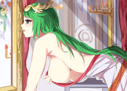 Rule 34 | 1girl, all fours, bare arms, bare shoulders, breasts, candle, commentary request, dress, from side, green eyes, green hair, hair ornament, hanging breasts, highres, kid icarus, kid icarus uprising, large breasts, long hair, looking at mirror, mirror, nintendo, open mouth, palutena, reflection, sideboob, solo, tears, tomas (kaosu22), white dress