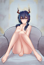 Rule 34 | 1girl, absurdres, arknights, artist request, barefoot, breasts, ch&#039;en (arknights), cleavage, couch, covering crotch, covering privates, dragon, feet, frown, full body, highres, horns, looking at viewer, nude, short hair, single horn, sitting, solo