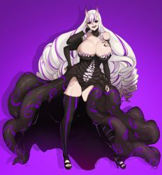 Rule 34 | 1girl, absurdres, areola slip, black dress, black nails, black sclera, black thighhighs, blue eyes, breasts, cleavage, colored nipples, colored sclera, commission, dress, extra arms, extra eyes, extra mouth, fang, full body, hand on own chest, highres, horns, large breasts, looking at viewer, malice (worstwarlock), monster girl, multicolored hair, nail polish, oni horns, open mouth, original, purple background, purple eyes, purple hair, purple nipples, red eyes, simple background, smile, solo, streaked hair, tall female, teeth, tentacles, thighhighs, todding, white hair