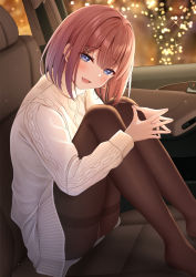 Rule 34 | 1girl, ass, black pantyhose, blue eyes, car, car interior, earrings, fingers together, highres, jewelry, knees up, looking at viewer, monaka curl, motor vehicle, original, pantyhose, red hair, short hair, sitting, smile, smirk, solo, sweater
