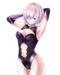 Rule 34 | 1girl, armpits, arms behind head, black leotard, breasts, cleavage, cleavage cutout, clothing cutout, cowboy shot, elbow gloves, fate/grand order, fate (series), gloves, hair between eyes, hair over one eye, highleg, highleg leotard, highres, leotard, mash kyrielight, medium breasts, midriff, navel, navel cutout, open mouth, pink hair, purple eyes, rikudou inuhiko, short hair, simple background, solo, standing, stomach, white background