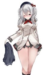 Rule 34 | 10s, 1girl, akiha (attract), ascot, bad id, bad twitter id, black legwear, black panties, blush, breasts, breasts apart, frilled legwear, frills, gloves, hat, jacket, kantai collection, kashima (kancolle), large breasts, military, military jacket, military uniform, navel, no bra, one eye closed, panties, pleated skirt, shirt, silver hair, simple background, skirt, unworn skirt, smile, solo, taut clothes, taut shirt, thighs, tsurime, twintails, underwear, uniform, wavy hair, white background, white gloves