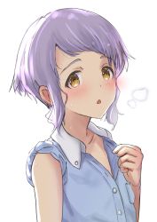 Rule 34 | blue shirt, blush, collarbone, commentary request, ear blush, eyebrows, flat chest, hakubaru, hot, idolmaster, idolmaster million live!, looking at viewer, makabe mizuki, open mouth, purple hair, shirt, short hair, sidelocks, sleeves rolled up, solo, steam, sweat, unbuttoned, unbuttoned shirt, upper body, white background, wing collar, yellow eyes