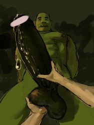 Rule 34 | 2boys, abs, bobo (id=2435517), colored skin, cum, erection, green skin, highres, large penis, looking at viewer, male focus, multiple boys, muscular, orc, original, pectorals, penis, penis grab, pointy ears, pov, restrained, testicle grab, testicles