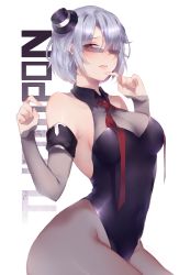 Rule 34 | 1girl, allze, blush, breasts, cleavage, costume, elbow gloves, eyes visible through hair, finger to mouth, girls&#039; frontline, gloves, grey hair, hat, highres, large breasts, leotard, looking over eyewear, looking over glasses, mini hat, necktie, one eye closed, pantyhose, purple eyes, short hair, solo, speech bubble, sunglasses, thompson (girls&#039; frontline), thompson (girls frontline), tight clothes, tinted eyewear, white background