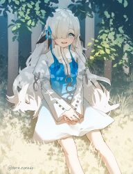 Rule 34 | 1girl, absurdres, blue dress, blue eyes, blue flower, blue hair, commentary request, dappled sunlight, dress, eyelashes, feet out of frame, flower, grass, hair flower, hair ornament, hair over one eye, hands on lap, highres, isekai joucho, kamitsubaki studio, leaf, legs, long hair, long sleeves, looking at viewer, multicolored hair, narudo, open mouth, outdoors, own hands together, pale skin, sitting, smile, solo, sunlight, teeth, tongue, two-tone dress, two-tone hair, virtual youtuber, white dress, white hair
