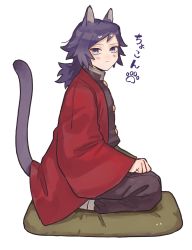 Rule 34 | 1boy, absurdres, animal ears, black hair, blue eyes, cat boy, cat ears, cat tail, cushion, demon slayer uniform, from side, frown, full body, haori, highres, jacket, japanese clothes, kemonomimi mode, kimetsu no yaiba, leg wrap, long hair, long sleeves, looking at viewer, looking to the side, low ponytail, male focus, pants, pants tucked in, paw print, ponytail, red jacket, seiza, simple background, sitting, solo, tail, tomioka giyuu, water777s3, white background, wide sleeves, zabuton