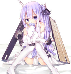 Rule 34 | 1girl, ahoge, azur lane, bare shoulders, bed sheet, black bow, black ribbon, blush, bow, commentary request, covered mouth, dress, dress bow, elbow gloves, gloves, hair between eyes, hair bun, hair ribbon, head tilt, highres, hugging object, knees together feet apart, lace, lace-trimmed legwear, lace trim, long hair, looking at viewer, no shoes, one side up, panties, pantyshot, purple eyes, purple hair, ribbon, side bun, single hair bun, single side bun, sitting, solo, striped clothes, striped panties, stuffed animal, stuffed toy, stuffed winged unicorn, thighhighs, thighs, underwear, unicorn (azur lane), very long hair, white dress, white gloves, white thighhighs, yunekoko