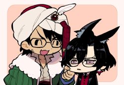 Rule 34 | 2boys, :d, ^ ^, animal ears, black jacket, brown shirt, cheek pinching, chibi, closed eyes, collared shirt, constantine xi (fate), earrings, extra ears, fang, fate/grand order, fate (series), fox ears, fur-trimmed jacket, fur trim, glasses, green jacket, hair between eyes, hat feather, highres, jacket, jewelry, kemonomimi mode, male focus, mehmed ii (fate), multiple boys, open collar, open mouth, outside border, parted lips, pinching, pink background, red vest, shirt, short hair, simple background, skin fang, smile, suit jacket, swept bangs, touma rui, turban, unamused, upper body, vest, white shirt