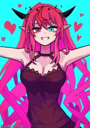 Rule 34 | + +, 1girl, absurdres, black dress, blue background, blue eyes, blush, breasts, cleavage, dress, hair behind ear, hair between eyes, halter dress, halterneck, heart, heterochromia, highres, hololive, hololive english, horns, irys (hololive), long hair, looking at viewer, medium breasts, pointy ears, red eyes, red hair, smile, solo, twitter username, upper body, very long hair, virtual youtuber, zenox5300