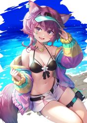 Rule 34 | 1girl, animal ear fluff, animal ears, bikini, black bikini, breasts, cat ears, cat girl, cat tail, cleavage, commentary request, day, highres, jacket, looking at viewer, medium breasts, mitake eil, navel, off shoulder, open clothes, open jacket, open mouth, original, outdoors, purple eyes, purple fur, purple hair, sitting, skirt, smile, solo, swimsuit, tail, unzipped, visor cap
