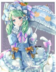 Rule 34 | 1girl, aqua eyes, blue umbrella, bonnet, bow, bowtie, cat hair ornament, cat tail, d:, dress, fire emblem, fire emblem: three houses, fire emblem heroes, flayn (fire emblem), flayn (halloween) (fire emblem), gloves, green hair, hair ornament, hair ribbon, highres, holding, holding umbrella, jack-o&#039;-lantern hat ornament, leaf, long hair, long sleeves, looking at viewer, nintendo, open mouth, parasol, pink bow, pink bowtie, puffy long sleeves, puffy sleeves, ribbon, solo, tail, tail bow, tail ornament, umbrella, white gloves, white tail, yuyu (spika)