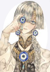 Rule 34 | absurdres, aqua nails, bad id, bad pixiv id, braid, braided ponytail, earrings, expressionless, gender request, grey eyes, hand up, highres, holding, jewelry, long hair, long sleeves, looking at viewer, nail polish, nazar (amulet), necklace, original, painting (medium), shio (soleil), silver hair, solo, traditional media, watercolor (medium), white background
