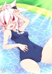 Rule 34 | 1girl, blush, breasts, horns, light rays, lying, name tag, old school swimsuit, on back, original, pointy ears, ponytail, red eyes, reku, school swimsuit, shiroko (reku), short hair, small breasts, solo, sunbeam, sunlight, swimsuit, water, white hair