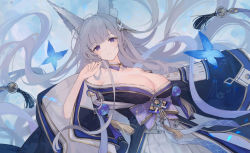 Rule 34 | 1girl, absurdres, animal ear fluff, animal ears, azur lane, bare shoulders, bell, black kimono, blunt bangs, bow, breasts, bug, butterfly, cleavage, cowboy shot, daichengqi, detached collar, fox ears, grey hair, hakama, highres, insect, japanese clothes, jingle bell, kimono, kimono pull, large bow, large breasts, long hair, long sleeves, looking at viewer, mole, mole under eye, parted lips, purple bow, purple eyes, shinano (azur lane), solo, tassel, very long hair, white hakama, wide sleeves