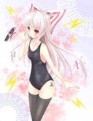 Rule 34 | 1girl, :o, aibumi, bad id, bad nicoseiga id, bare shoulders, black thighhighs, blush, body writing, bow, cameltoe, collarbone, unworn eyewear, female focus, fujiwara no mokou, hair bow, highres, holding, holding removed eyewear, large bow, long hair, looking at viewer, no nose, one-piece swimsuit, open mouth, pen-zin, red eyes, silver hair, solo, sunglasses, swimsuit, tally, thighhighs, touhou, very long hair