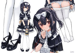 Rule 34 | 1girl, alternate costume, ass, black capelet, black dress, black footwear, black hair, blush, bow, capelet, clothes pull, dress, eluthel, finger ribbon, flat chest, frilled cuffs, frilled dress, frills, full body, gothic lolita, hair between eyes, hair bow, highres, holding, idolmaster, idolmaster shiny colors, lace, lace-trimmed panties, lace trim, lolita fashion, long hair, looking at viewer, mary janes, morino rinze, multiple views, paid reward available, panties, pantyhose, pantyhose pull, pinky out, pulling own clothes, red eyes, red ribbon, ribbon, shoes, short sleeves, simple background, smile, standing, string, string of fate, twintails, twitter username, underwear, white background, white panties, white pantyhose, wrist cuffs