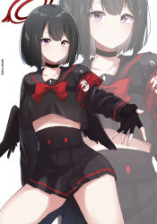 Rule 34 | 1girl, absurdres, armband, badge, black choker, black gloves, black hair, black serafuku, black skirt, black wings, blue archive, breasts, choker, collarbone, commentary, english text, feathered wings, fingerless gloves, gloves, hair between eyes, halo, highres, long sleeves, looking at viewer, mashiro (blue archive), medium breasts, midriff, pinepin, pleated skirt, purple eyes, reaching, reaching towards viewer, school uniform, serafuku, short hair, sidelocks, simple background, skirt, solo, underboob, winged halo, wings, zoom layer