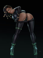 Rule 34 | 1girl, ankle boots, armor, ass, asymmetrical hair, bent over, black background, black gloves, black hair, boots, bracelet, breastplate, breasts, clothes pull, commentary, commission, dark-skinned female, dark skin, dreadlocks, earrings, elbow gloves, english commentary, felox08, forehead, from behind, full body, gloves, gradient background, green eyes, hair tubes, high heels, jewelry, league of legends, lips, looking at viewer, medium breasts, medium hair, nose, pants, pants pull, pulling own clothes, senna (league of legends), skin tight, solo, stiletto heels, tight clothes, tight pants, undercut, very dark skin