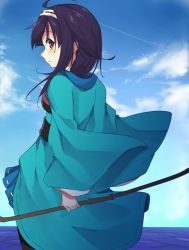 Rule 34 | 10s, 1girl, ahoge, back, blue skirt, blue sky, blush, bow (weapon), cloud, day, gradient background, hairband, headband, headdress, highres, holding, holding weapon, japanese clothes, kakutasu, kantai collection, long hair, long sleeves, looking at viewer, looking back, md5 mismatch, ocean, outdoors, pleated skirt, purple hair, red eyes, resized, ryuuhou (kancolle), ryuuhou kai ni (kancolle), skirt, sky, solo, taigei (kancolle), water, weapon