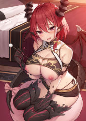 Rule 34 | 1girl, arm belt, bed, black panties, black shorts, blush, bow, braid, breasts, cleavage, cleavage cutout, clothing cutout, dragon girl, dragon horns, dragon tail, fang, hair between eyes, horns, indoors, large breasts, looking at viewer, mimikaki, monster girl, navel, nipples, open mouth, original, panties, pointy ears, red eyes, revealing clothes, short hair, short shorts, shorts, side-tie panties, single braid, sitting, smile, solo, sweat, tail, tail bow, tail ornament, thighhighs, underwear, wings, xe (execut3r)