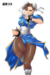 Rule 34 | 1girl, boots, bracelet, breasts, brown eyes, brown hair, bun cover, capcom, china dress, chinese clothes, chun-li, double bun, dress, earrings, jewelry, judge martin, large breasts, pantyhose, pelvic curtain, sash, short hair, solo, spiked bracelet, spikes, standing, street fighter