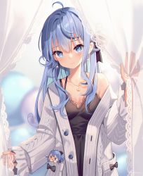 Rule 34 | 1girl, ahoge, black dress, blue eyes, blue hair, blush, cardigan, closed mouth, colored inner hair, crescent, crescent necklace, curtain grab, curtains, dress, earrings, frilled dress, frills, hair between eyes, highres, hololive, hoshimachi suisei, jewelry, kuri (animejpholic), long hair, long sleeves, looking at viewer, multicolored hair, necklace, off shoulder, open cardigan, open clothes, single bare shoulder, smile, solo, virtual youtuber, white cardigan