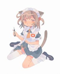 Rule 34 | 1girl, ahoge, animal ears, apron, asymmetrical legwear, bad id, bad pixiv id, black footwear, blood, boxcutter, cat ears, cat girl, cat tail, clothes lift, daizu (melon-lemon), dress, dress lift, frilled apron, frilled hairband, frills, full body, furrowed brow, gradient eyes, grey background, grey dress, hair bobbles, hair ornament, hairband, hand up, highres, holding, jitome, kneehighs, lifting own clothes, light brown hair, looking at viewer, maid, maid apron, maid headdress, mary janes, multicolored eyes, muted color, name tag, necktie, no nose, nosebleed, orange eyes, original, panties, panty pull, parted lips, puffy short sleeves, puffy sleeves, self-harm, shoes, short hair, short necktie, short sleeves, simple background, sitting, sleeve cuffs, socks, solo, tail, tears, thighhighs, two side up, underwear, uneven legwear, wariza, white apron, white panties, white socks, yellow necktie