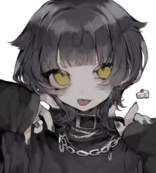 Rule 34 | 1girl, black hair, blunt bangs, chain, collar, hands up, highres, jewelry, looking at viewer, manuka x x, original, piercing, ring, simple background, solo, tongue, tongue out, tongue piercing, white background, yellow eyes