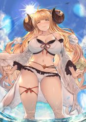 Rule 34 | 1girl, absurdres, ahoge, aldehyde, anila (granblue fantasy), anila (summer) (granblue fantasy), bikini, blonde hair, blue sky, blunt bangs, blush, breasts, cleavage, cloud, day, detached sleeves, draph, granblue fantasy, hair ornament, highres, horns, huge filesize, large breasts, leg ribbon, long hair, looking at viewer, navel, outdoors, ribbon, sheep horns, short eyebrows, skindentation, sky, smile, solo, standing, swimsuit, thick eyebrows, thigh ribbon, very long hair, wading, water, wet, white bikini, yellow eyes