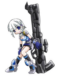 Rule 34 | 1girl, armor, armored boots, banpresto, blue eyes, boots, braid, breasts, cleavage, cleavage cutout, clothing cutout, faulds, full body, hair ornament, hairclip, high heels, highres, huge weapon, leaning forward, looking at viewer, medium breasts, seolla schweizer, simple background, solo, super robot wars, weapon, white background, white hair