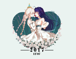 Rule 34 | 2girls, antenna hair, bare shoulders, blue background, blue eyes, cake, cake slice, closed mouth, dress, elbow gloves, flower, food, food in mouth, fruit, fz ruoye, gloves, hair between eyes, hands on own chest, hat, heart, holding, holding plate, honkai (series), honkai impact 3rd, kiana kaslana, long hair, looking at another, multiple girls, open mouth, party hat, plate, purple eyes, raiden mei, rose, strawberry, twintails, white dress, white flower, white gloves, white hair, white rose, yuri