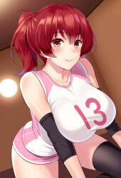 Rule 34 | 1girl, bare shoulders, blush, breasts, breasts squeezed together, closed mouth, colored eyelashes, commentary request, elbow pads, gym shorts, gym uniform, high ponytail, huyumitsu, indoors, knee pads, large breasts, leaning forward, long hair, looking at viewer, original, photoshop (medium), pink shorts, ponytail, red eyes, red hair, shirt, shorts, sleeveless, sleeveless shirt, solo, sportswear, uniform, volleyball uniform, white shirt