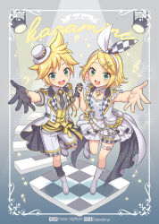 Rule 34 | 1boy, 1girl, :d, black gloves, blonde hair, blue eyes, boots, bow, character name, checkered floor, dress, gloves, hair bow, hat, holding hands, interlocked fingers, kagamine len, kagamine rin, mini hat, mini top hat, musical note, necktie, nightcat, open mouth, shorts, smile, standing, standing on one leg, top hat, treble clef, vocaloid, waistcoat, white dress, white footwear