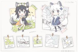 Rule 34 | 2girls, :d, :|, animal ear fluff, animal ears, arctic fox, artist name, bird, black footwear, black hair, black pantyhose, blue coat, blush, blush stickers, branch, chibi, closed mouth, coat, collage, commentary, dress, english commentary, english text, fang, flower, fox, fox ears, fox girl, fox tail, fur-trimmed coat, fur trim, grey eyes, grey footwear, hair ornament, hands in pockets, head wreath, legband, long sleeves, looking at viewer, melanbread, multiple girls, open mouth, original, pantyhose, personification, photo (object), rabbit, sandals, shoes, sitting, skin fang, smile, snow, snowflakes, star (symbol), star hair ornament, tail, tree, twitter username, walking, white bird, white flower, white hair, yellow dress