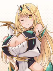 Rule 34 | 1girl, absurdres, bare shoulders, blonde hair, breasts, breasts day, chest jewel, cleavage, cleavage cutout, clothing cutout, dress, earrings, elbow gloves, gloves, highres, jewelry, kurokaze no sora, large breasts, long hair, mythra (xenoblade), short dress, swept bangs, tiara, very long hair, white dress, white gloves, xenoblade chronicles (series), xenoblade chronicles 2, yellow eyes