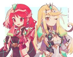 Rule 34 | 2girls, blonde hair, breasts, cheese dakke, chest jewel, cleavage, cleavage cutout, clothing cutout, dress, food, headpiece, large breasts, long hair, multiple girls, mythra (xenoblade), popsicle, pyra (xenoblade), red eyes, red hair, short dress, short hair, swept bangs, tiara, very long hair, watermelon bar, white dress, xenoblade chronicles (series), xenoblade chronicles 2, yellow eyes