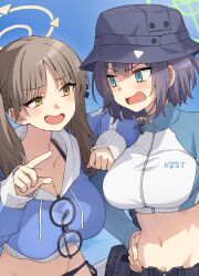 Rule 34 | 2girls, absurdres, aqua eyes, belt, bikini, black headwear, blue archive, blue hoodie, blue jacket, blush, breasts, brown hair, bucket hat, cropped hoodie, cropped jacket, glasses, grey hair, halo, hat, highres, hood, hoodie, jacket, large breasts, long hair, long sleeves, looking at another, moe (blue archive), moe (swimsuit) (blue archive), multicolored clothes, multicolored jacket, multiple girls, navel, official alternate costume, open mouth, pouch, raglan sleeves, rash guard, round eyewear, saki (blue archive), saki (swimsuit) (blue archive), short hair, sidelocks, somechime (sometime1209), swimsuit, twintails, two-tone jacket, utility belt, white jacket, yellow eyes