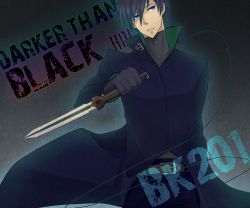 Rule 34 | 1boy, black hair, blue eyes, coat, darker than black, gradient background, hei (darker than black), highres, knife, male focus, solo, trench coat, weapon, wire