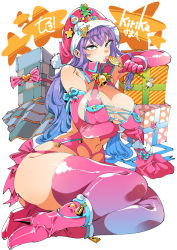 Rule 34 | 1girl, boots, breast lift, breasts, candy, christmas, christmas present, cleavage, elbow gloves, food, gift, gloves, hat, high heel boots, high heels, holding, holding candy, holding food, holding lollipop, kafun, large breasts, licking, lollipop, long hair, pink gloves, pink thighhighs, santa hat, solo, thick thighs, thighhighs, thighs, tongue, tongue out, wide hips