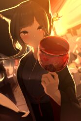 Rule 34 | 2girls, animal ear fluff, animal ears, backlighting, black hair, black kimono, blunt bangs, blush, brown eyes, candy apple, cat ears, closed mouth, female pov, festival, food, futoshi ame, highres, japanese clothes, kimono, long hair, long sleeves, looking at viewer, multiple girls, night, open clothes, original, outdoors, pov, reflection, solo focus, upper body, wide sleeves